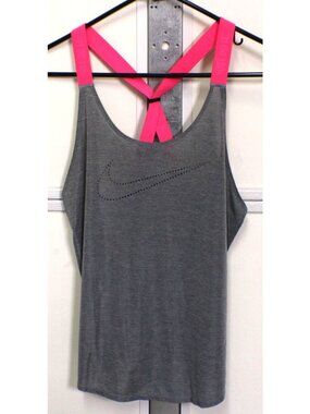 Nike Gray Tank Top Size M Pink Strap Racerback Spandex Activewear Laser Cut Logo
